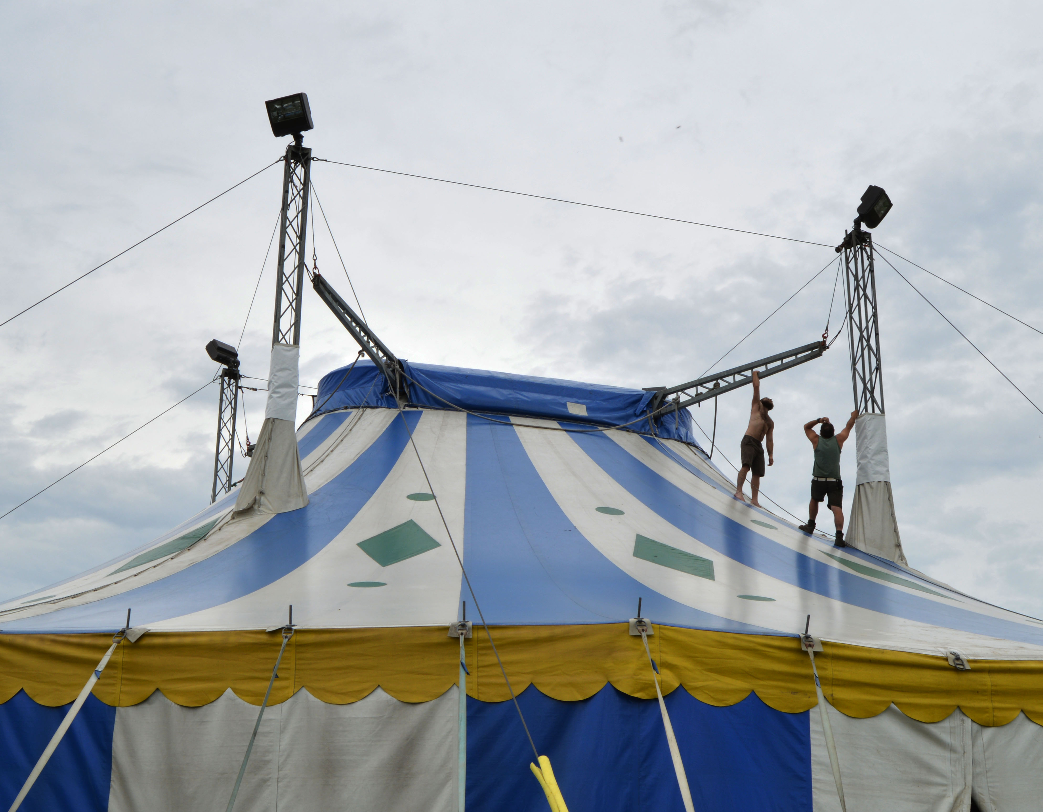 Tent Boss, Nat Brown doling out sage advice on top of our Big Top. 