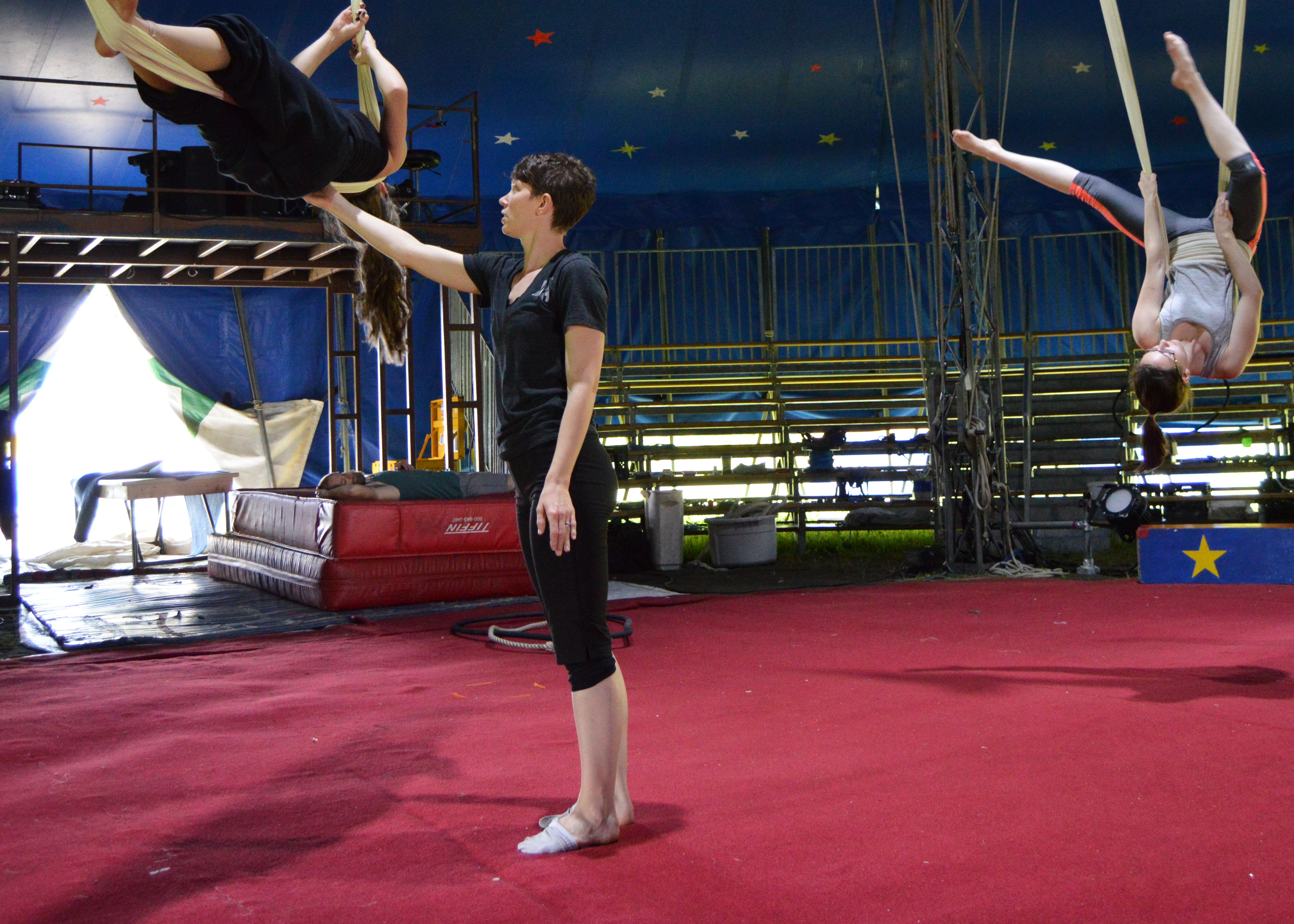 2015 Circus Smirkus Aerial Coach Alisan Funk giving hammock instruction to Trouper Ripley Burns.
