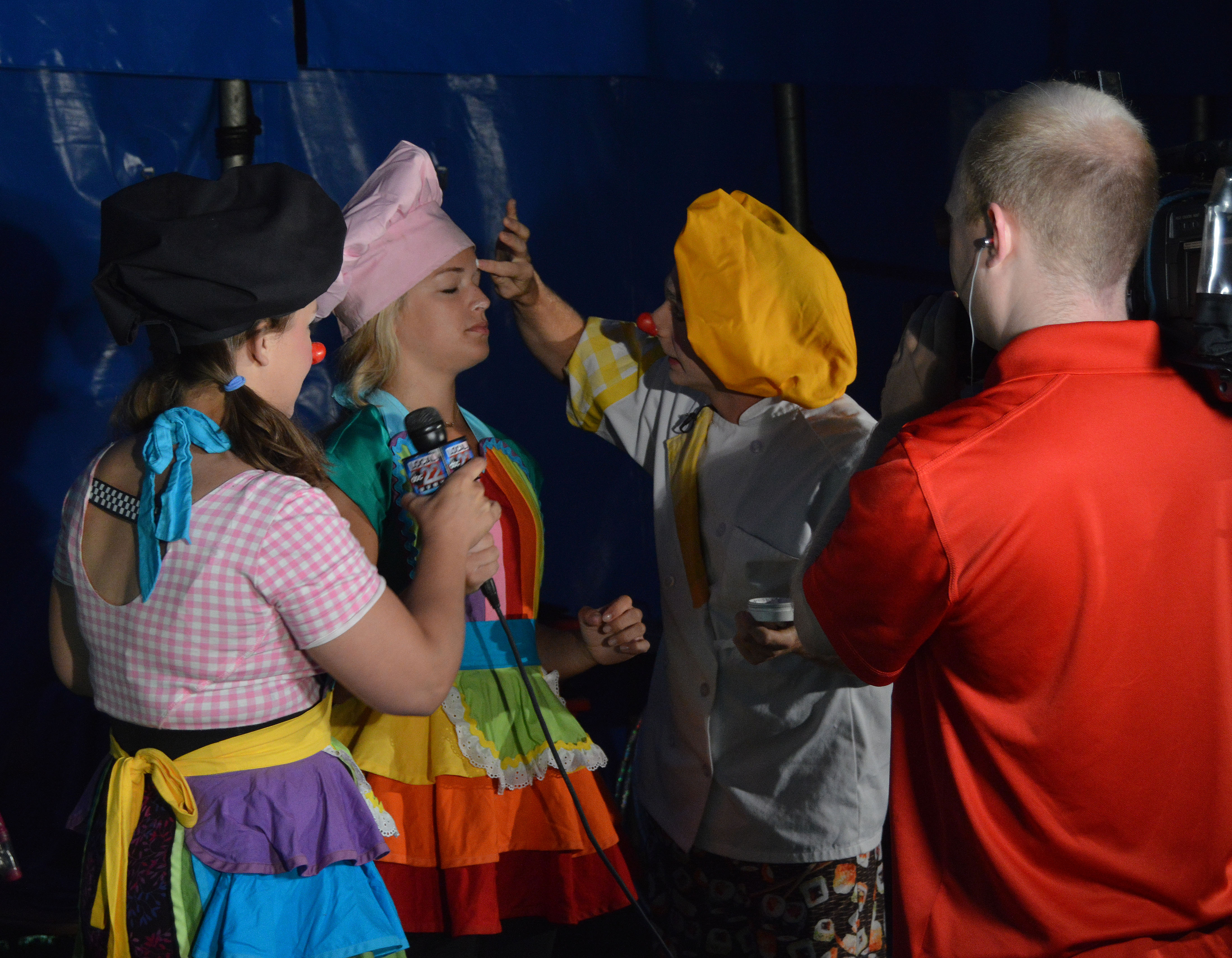 Local VT FOX 44 and ABC 22 reporter getting clown make-up tutorials from clowns Joy Powers and Josh Shack, July 9, 2015.